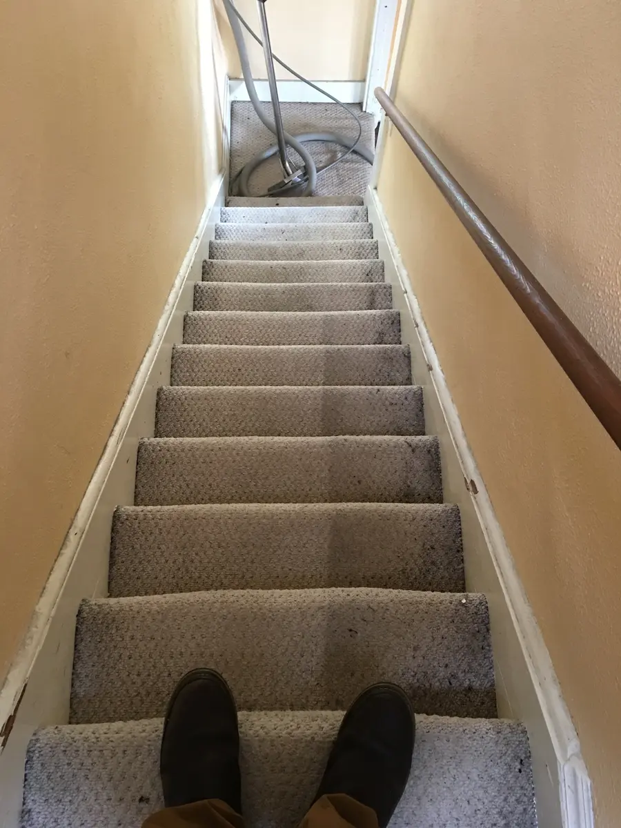 Staircase with one side cleaned and one narrow strip left untouched for comparison