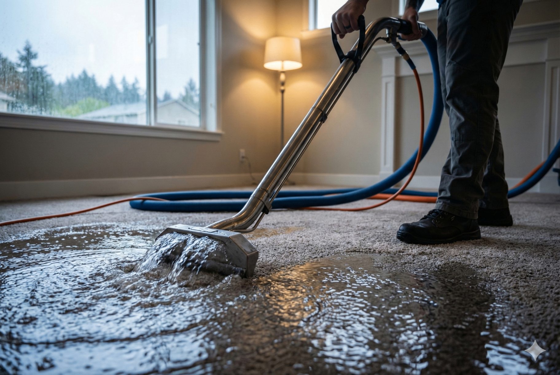 Professional water extraction equipment removing standing water from wet carpet