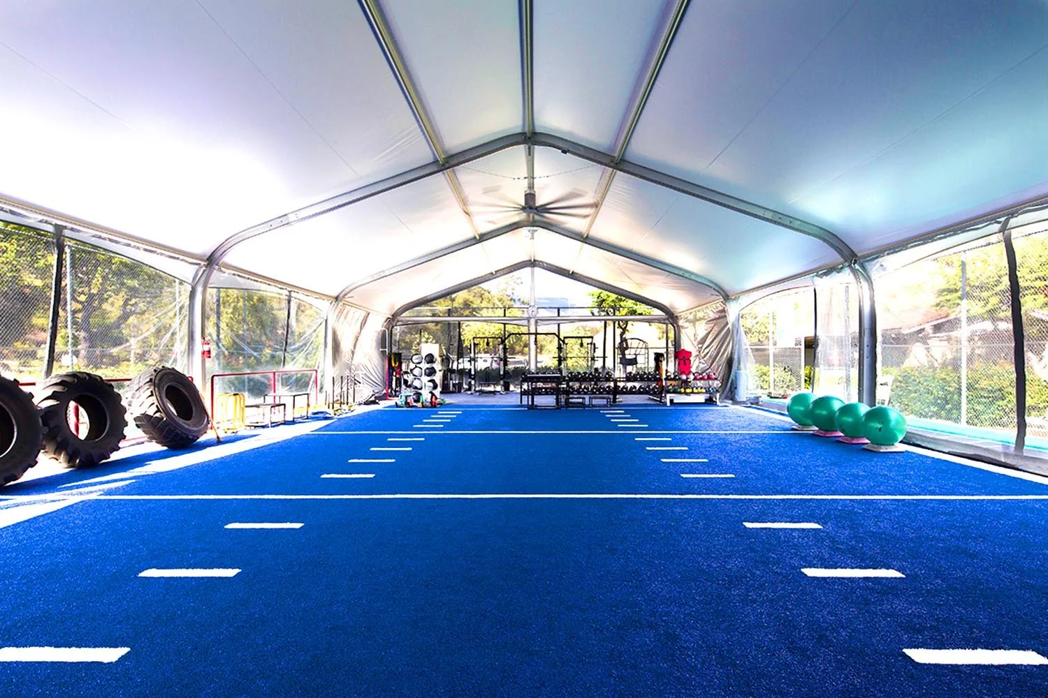 Indoor synthetic turf cleaning at sports facility gym with professional equipment